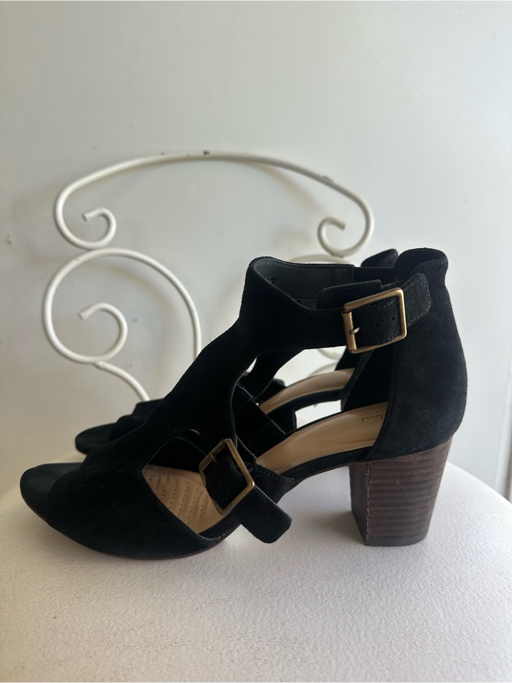 Clarks Black Suede Cutout Block Heel Sandals